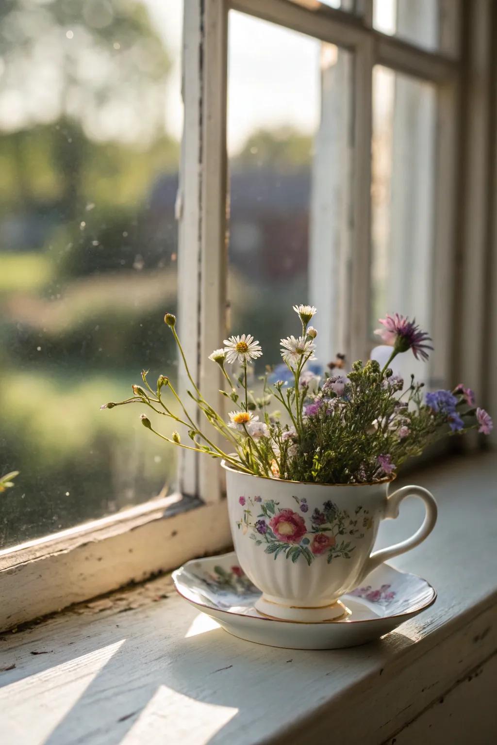 Antique teacups offer fanciful containers when arranging petite wildflower exhibits.