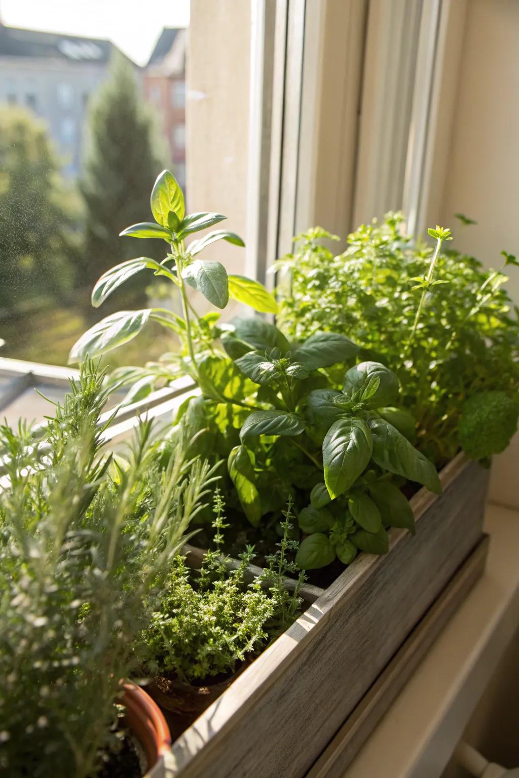 A window box overflowing with fragrant herbs for a beautiful and functional display