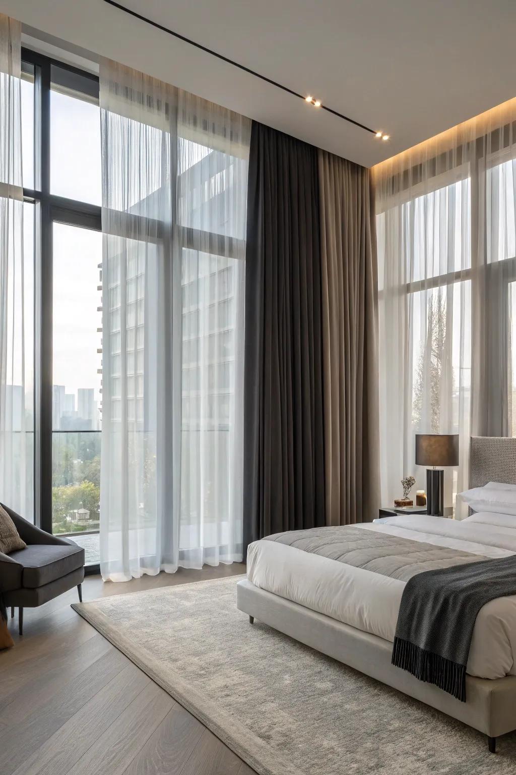 Layered drapes offer adaptable light and privacy settings.