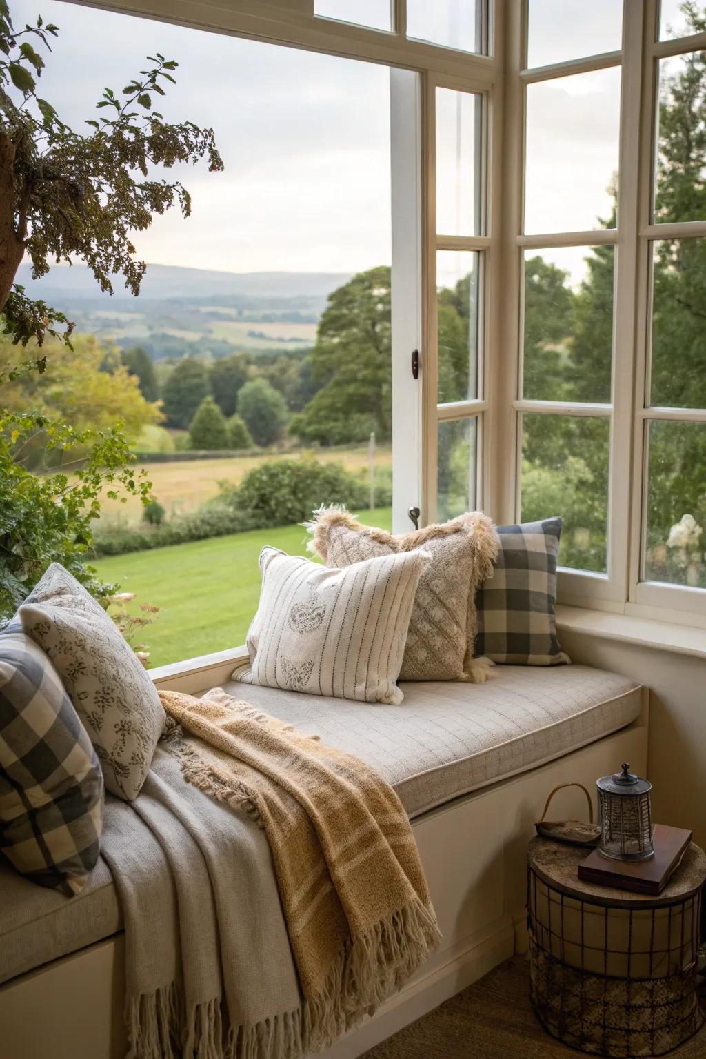 An inviting window seat complete with soft cushions, the perfect spot for relaxation.
