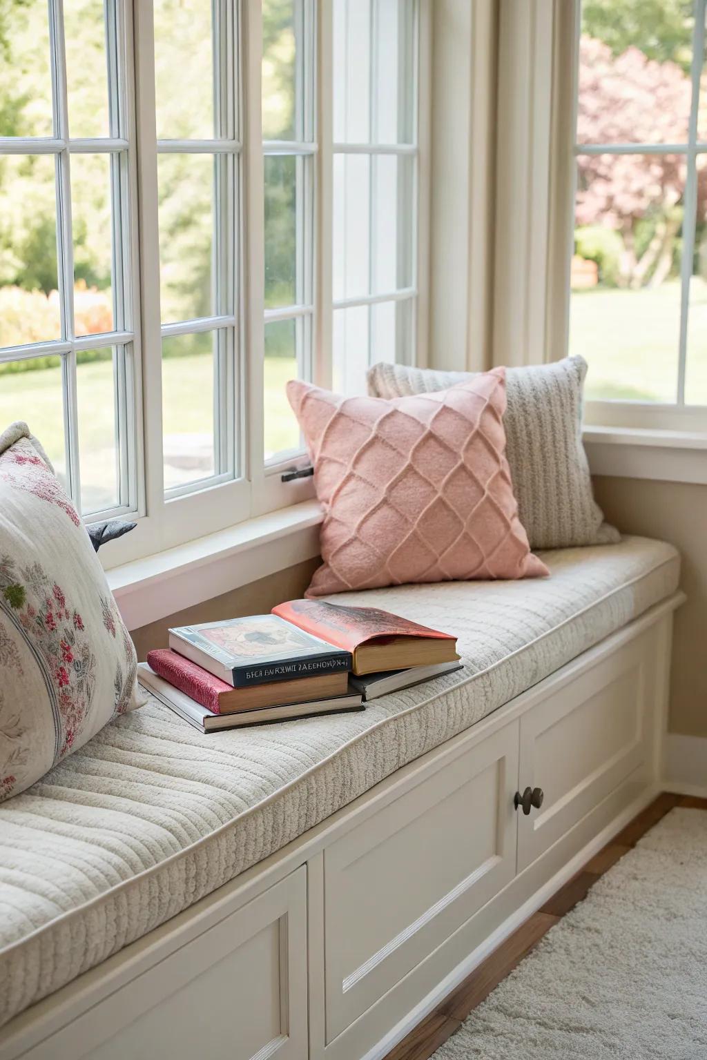 A built-in window bench complete with soft pillows and books.