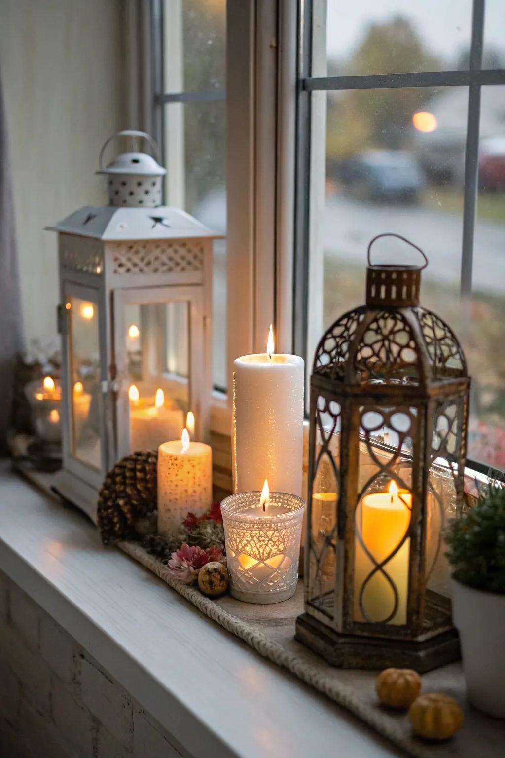 Candles and lanterns emitting a cozy glow on a window sill.