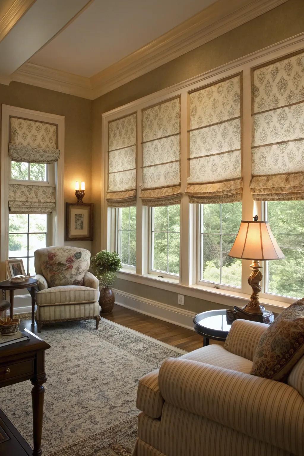 Pleated shrouds bring elegance to any room with casement windows.