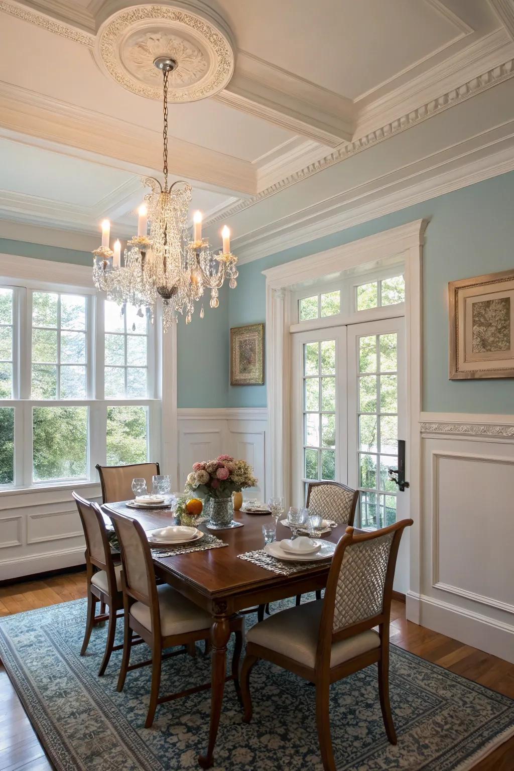 Pure alabaster trim offers a graceful outline for dining area windows.