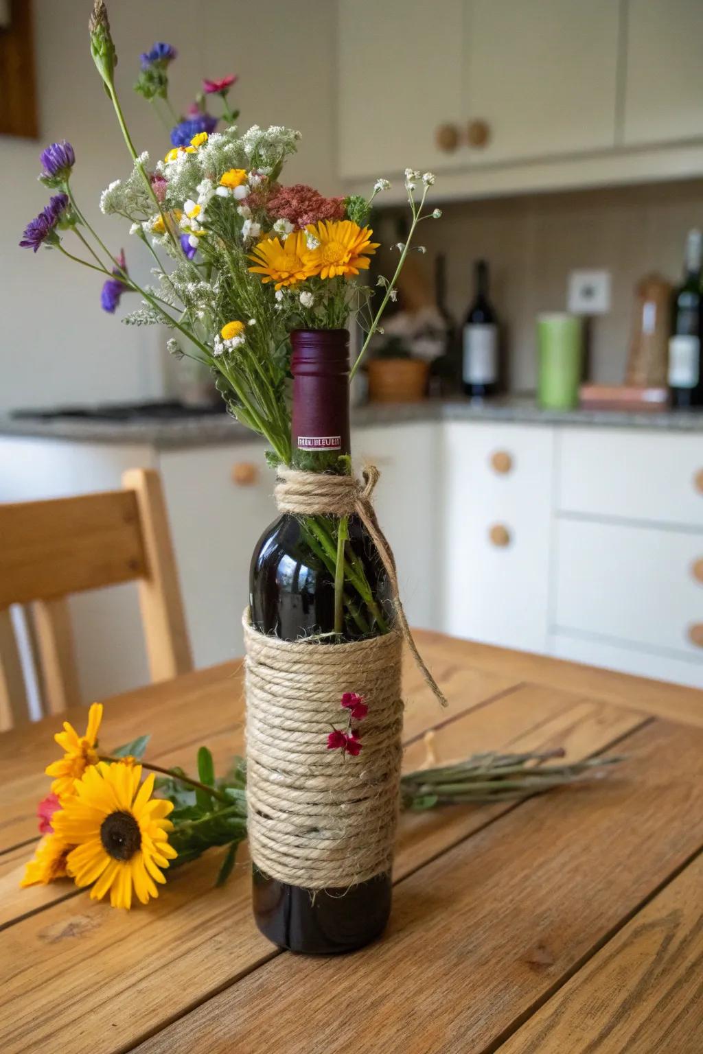 Cord-wrapped grape juice containers provide a country feel to your space.