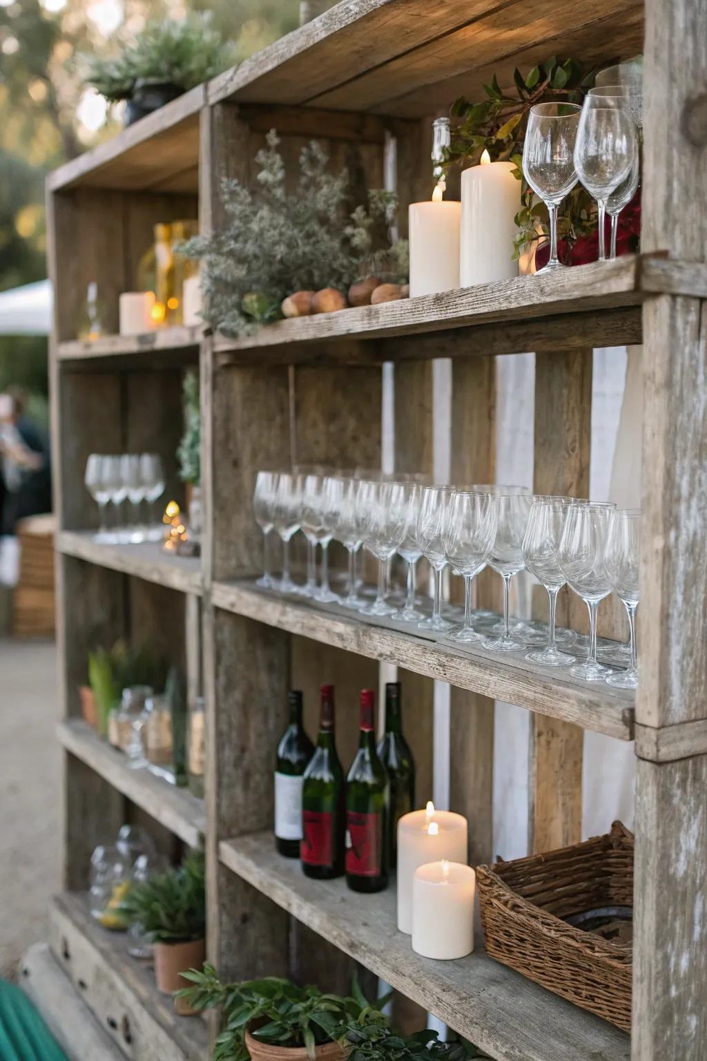 Comforting wood racks displaying several wine glasses.