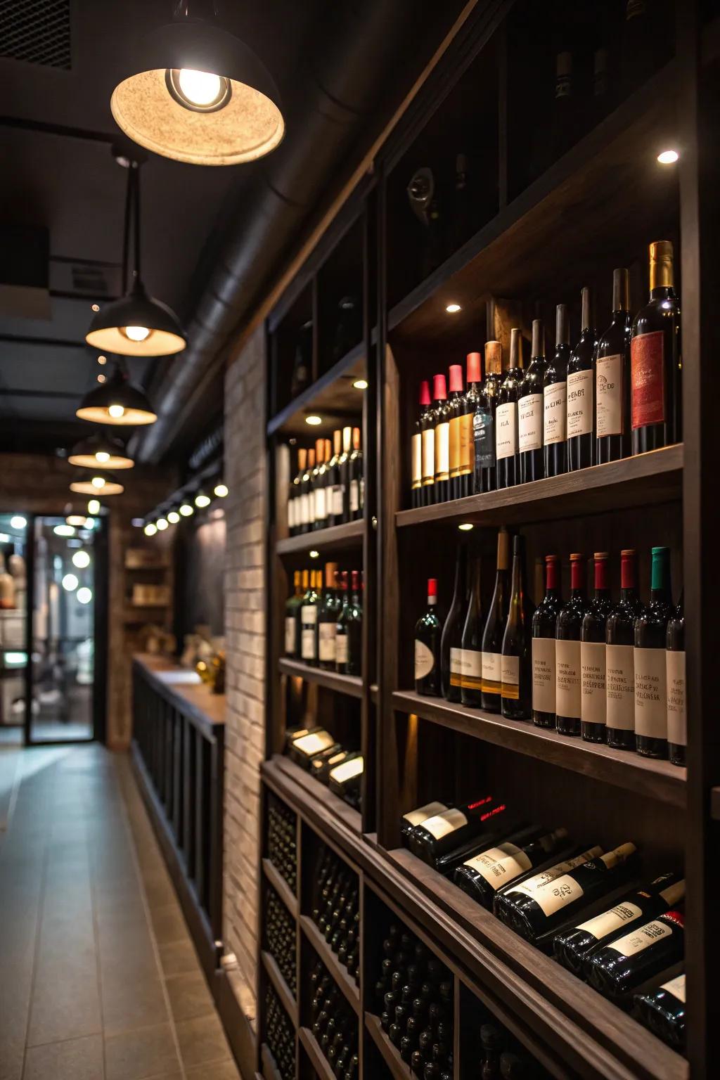 Special wine bottles highlighted by focused spotlights.
