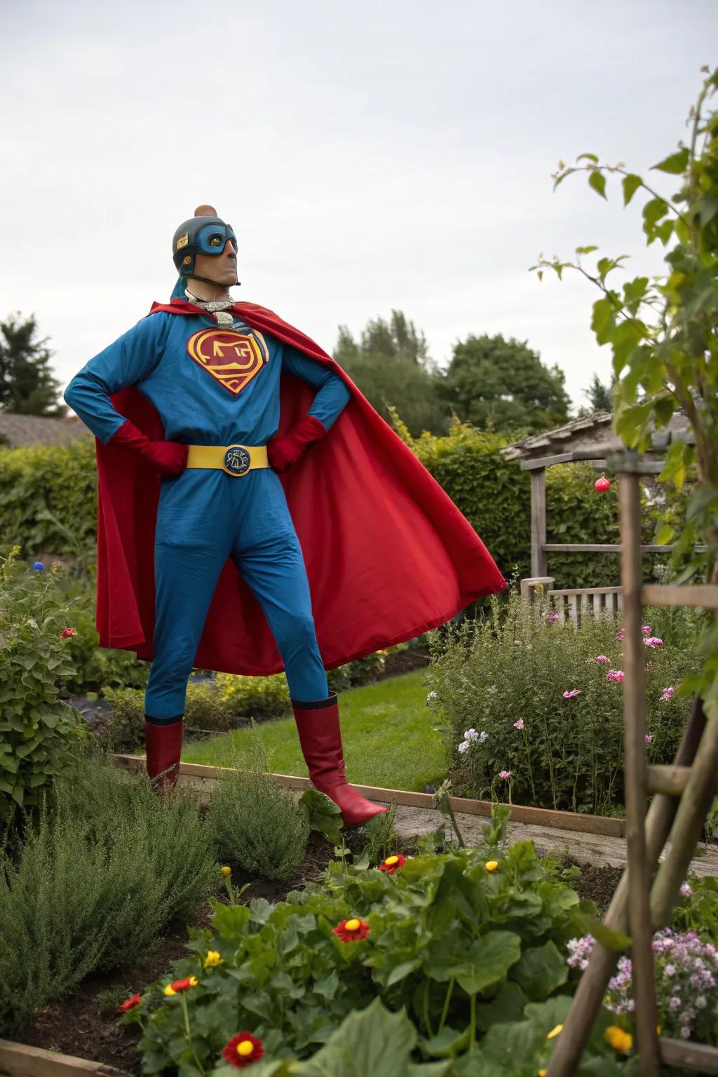 A superhero scarecrow, poised to confront any garden villains.