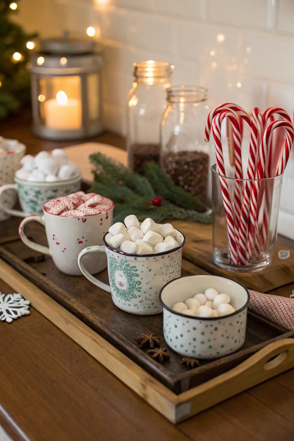 A comforting cocoa stop arrangement with vintage cups and a variety of toppings.