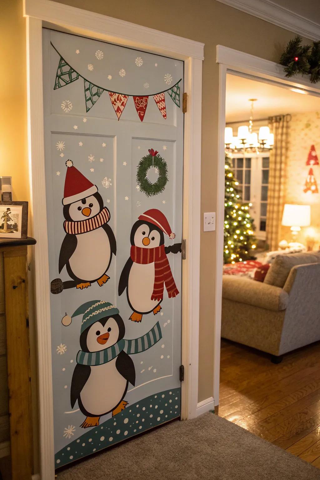 A whimsical penguin party door for mitigating the cold of winter.