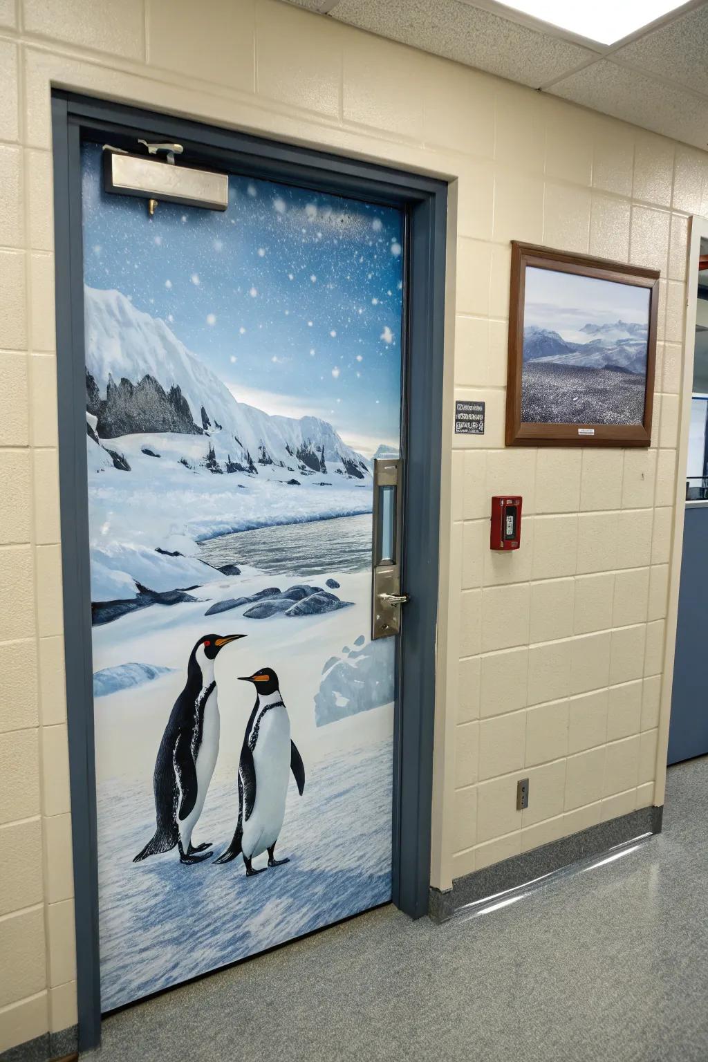 Penguins bring playful charm to this winter school door