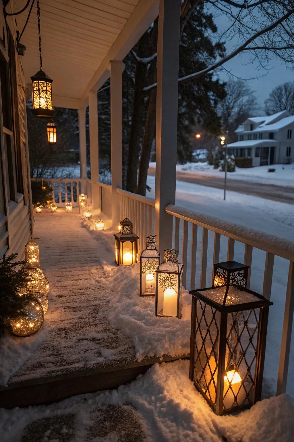 A winter porch gently illuminated by a collection of radiant light sources.