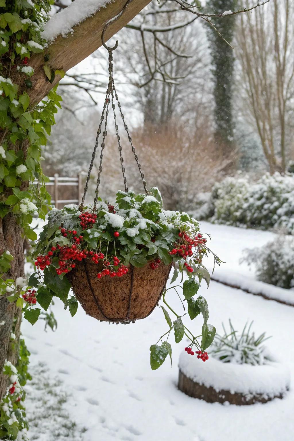 Red berries introduce a festive mood to winter displays.
