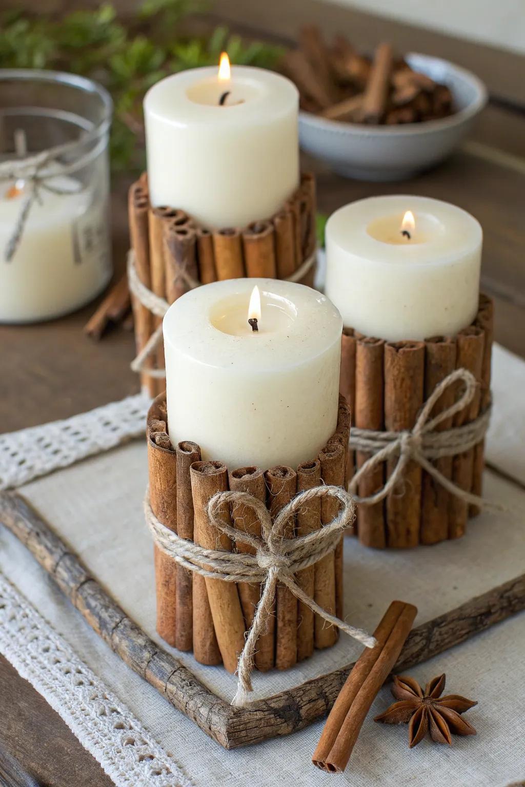 Cinnamon stick candle holders cast a cozy light and add a delightful fragrance to any area.