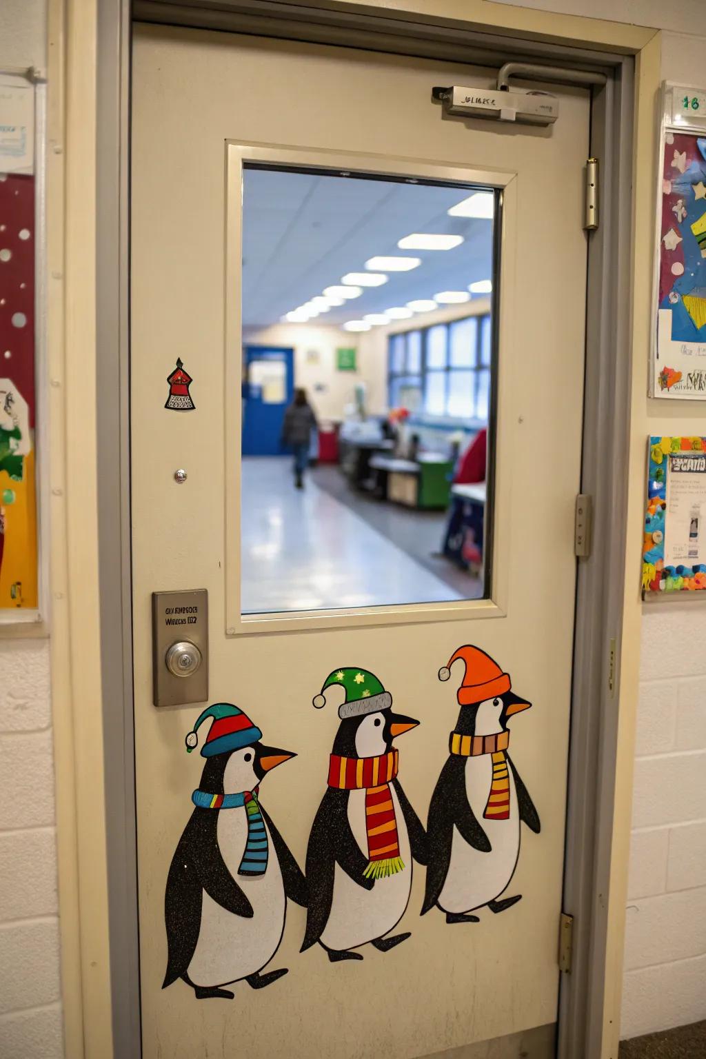 A delightful procession of penguins prepared for winter amusement.