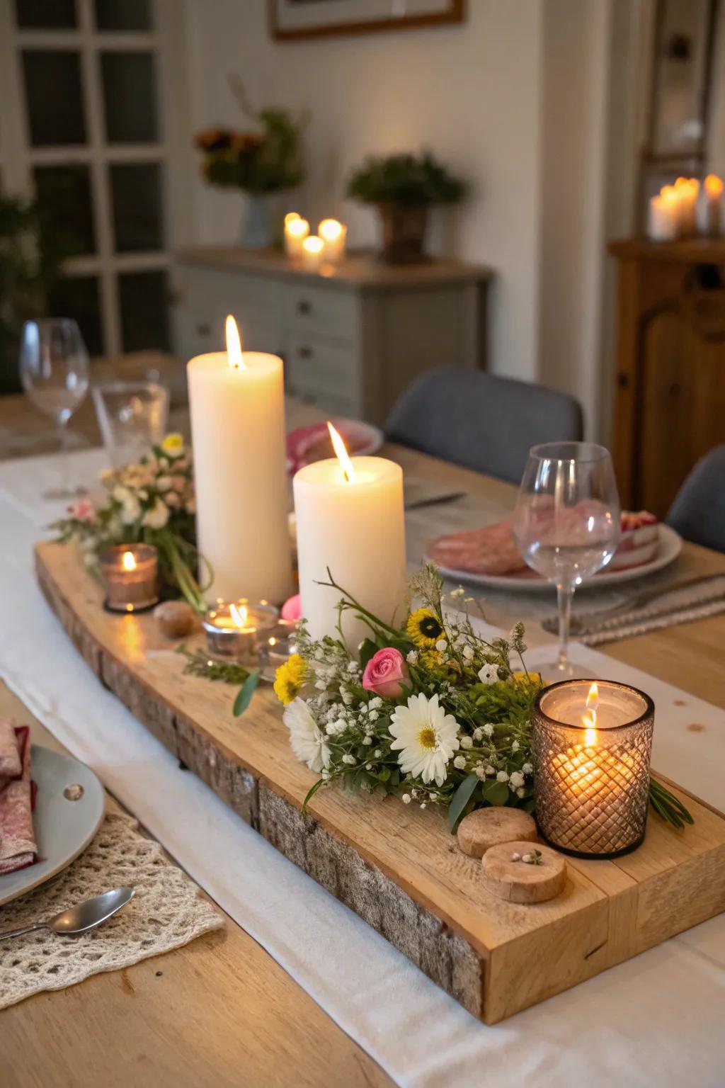 Improve your dining table using a rustic wood board centerpiece.