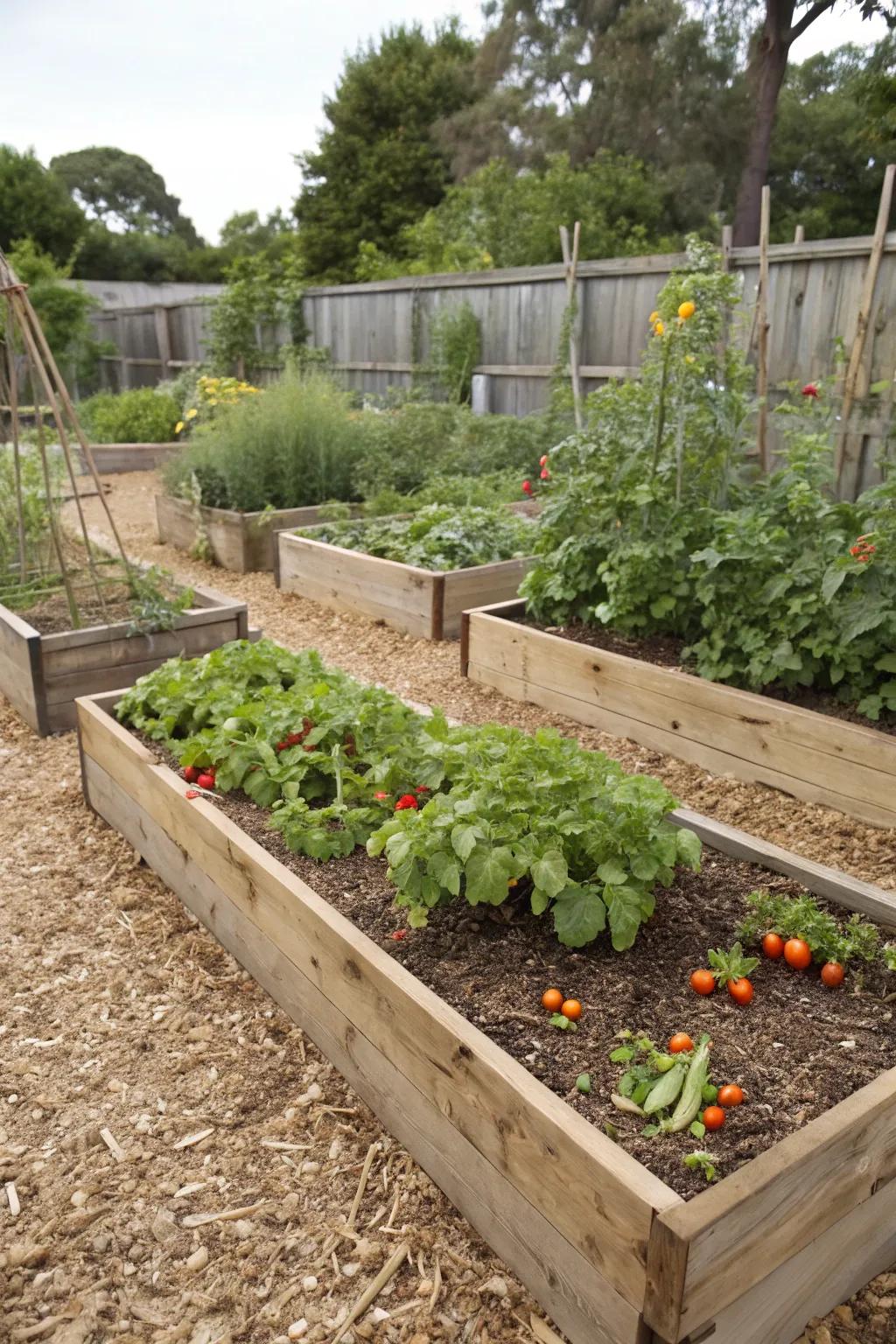 Timber fragments deliver a tidy and efficient boundary encircling elevated plant beds.