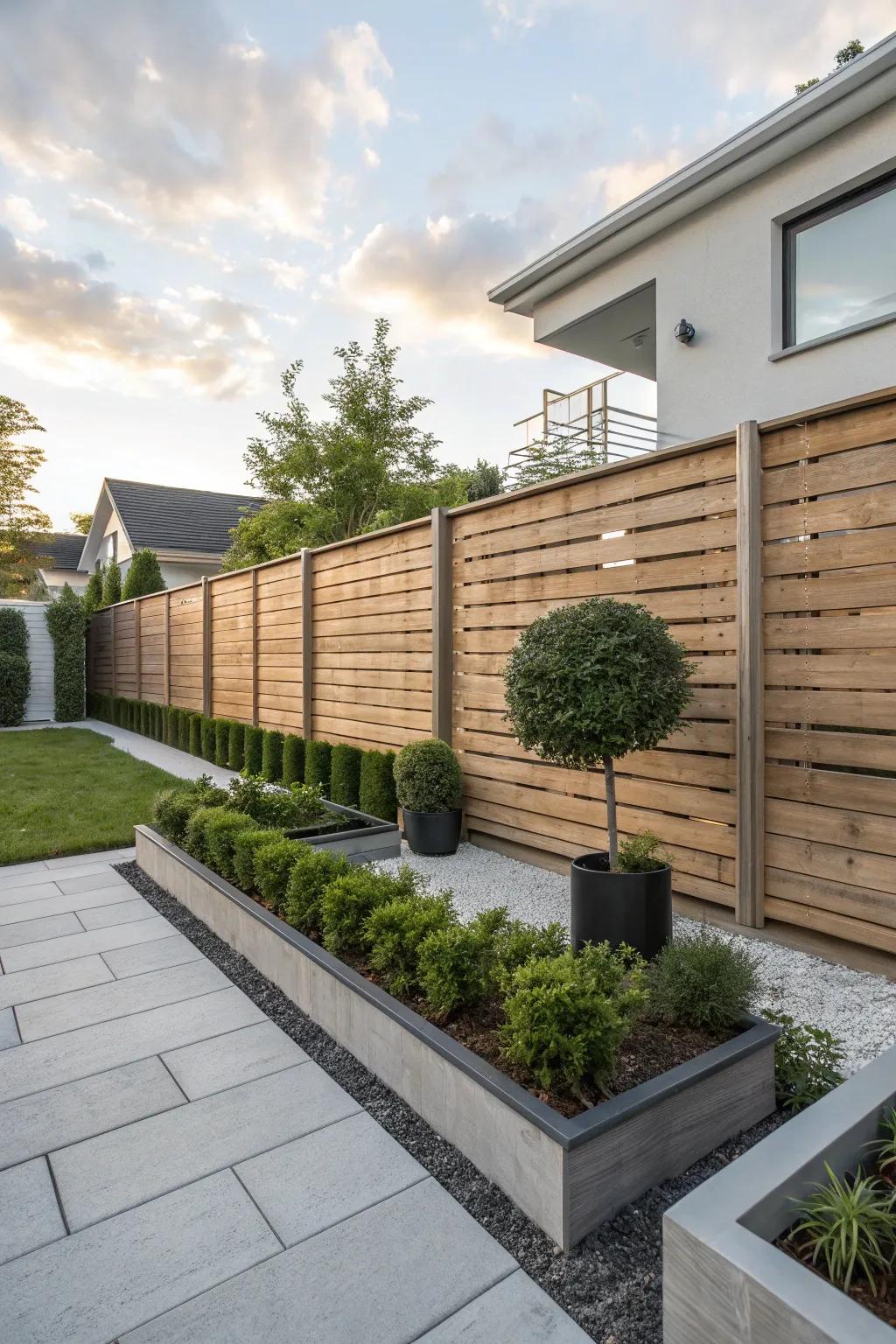 Horizontal flat board fences infuse a sense of modern sophistication into any outdoor setting.