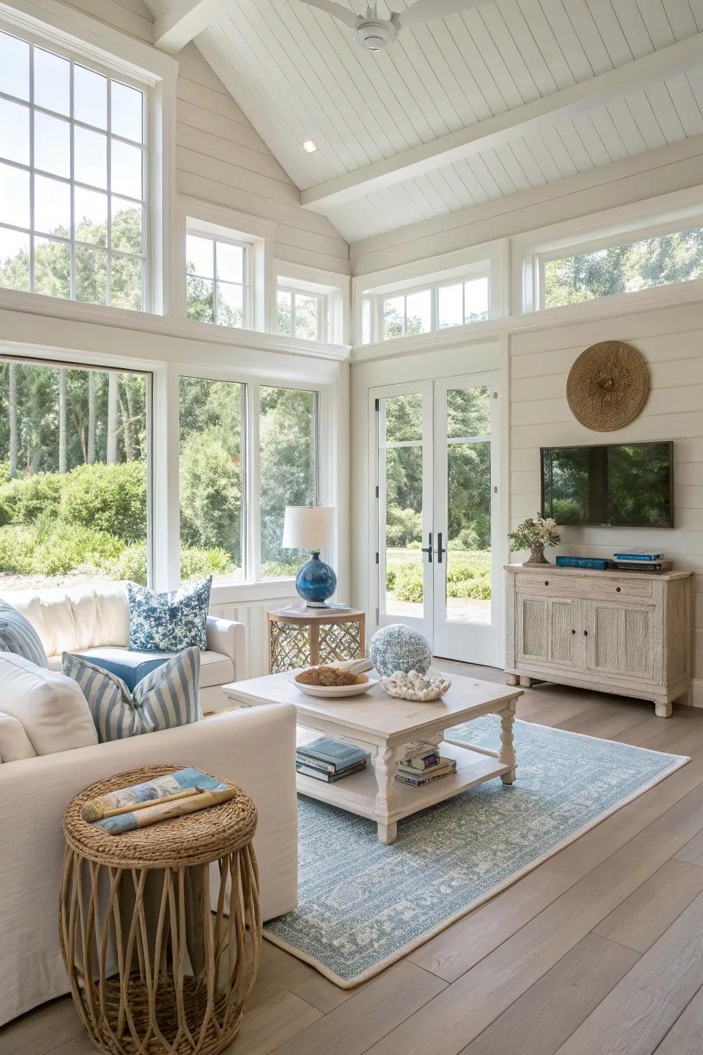Radiant and airy lounge showcasing neutral shade lumber flooring.