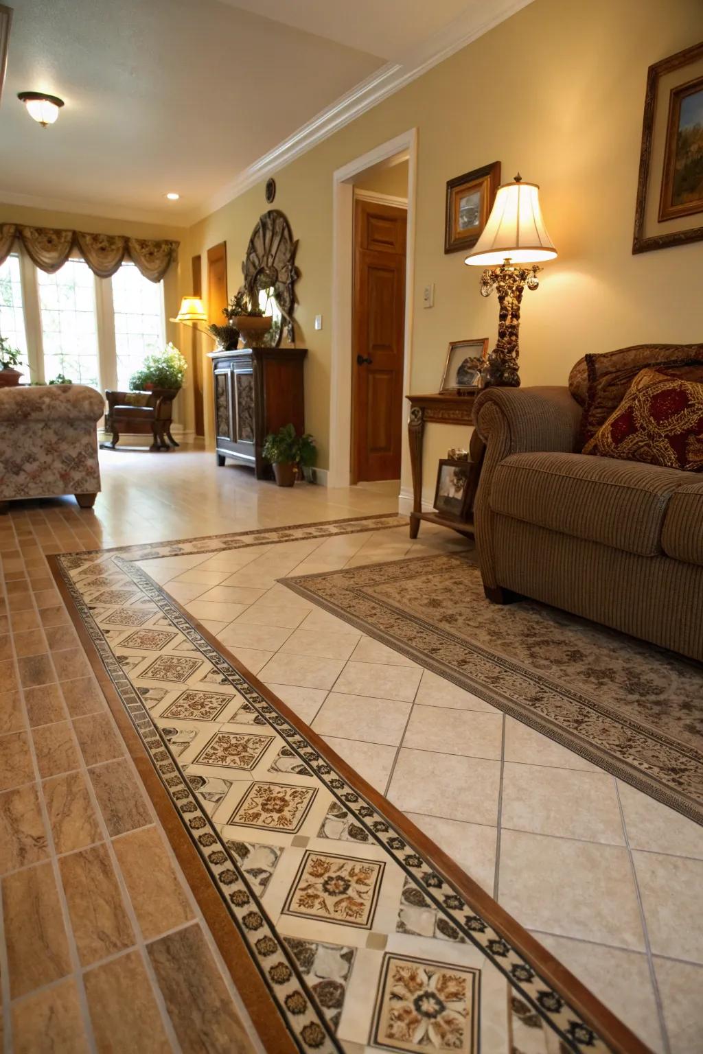 A lounge featuring a classic border transition uniting tile and wooden flooring.