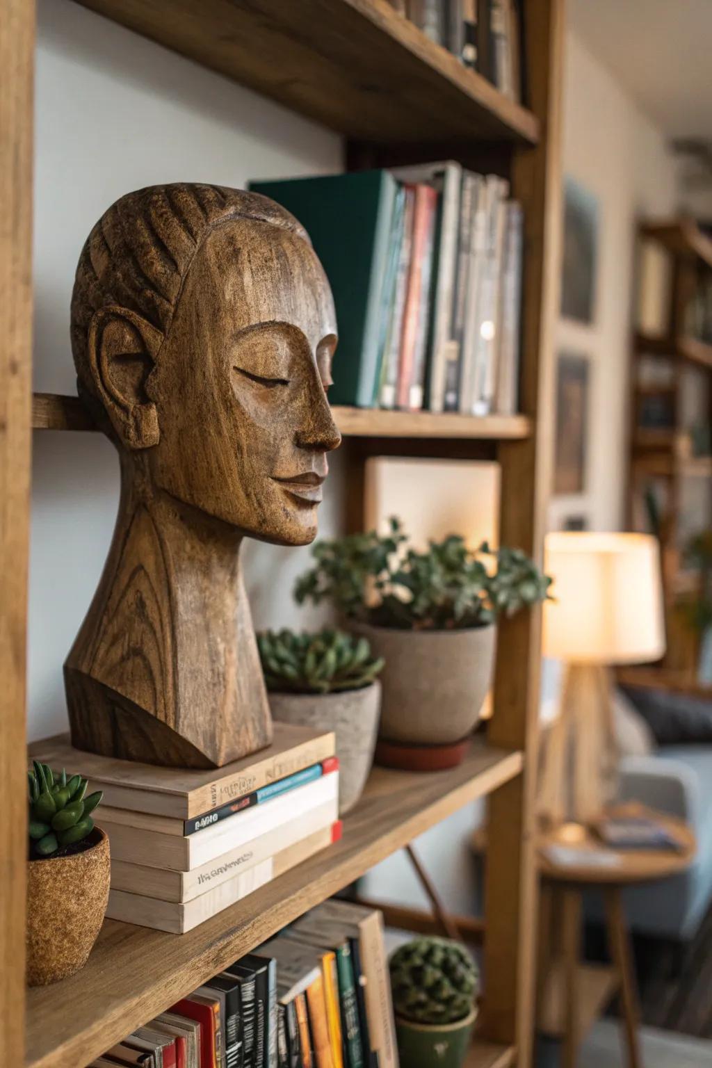 Inject intrigue into your decor with a contemplative wooden visage.