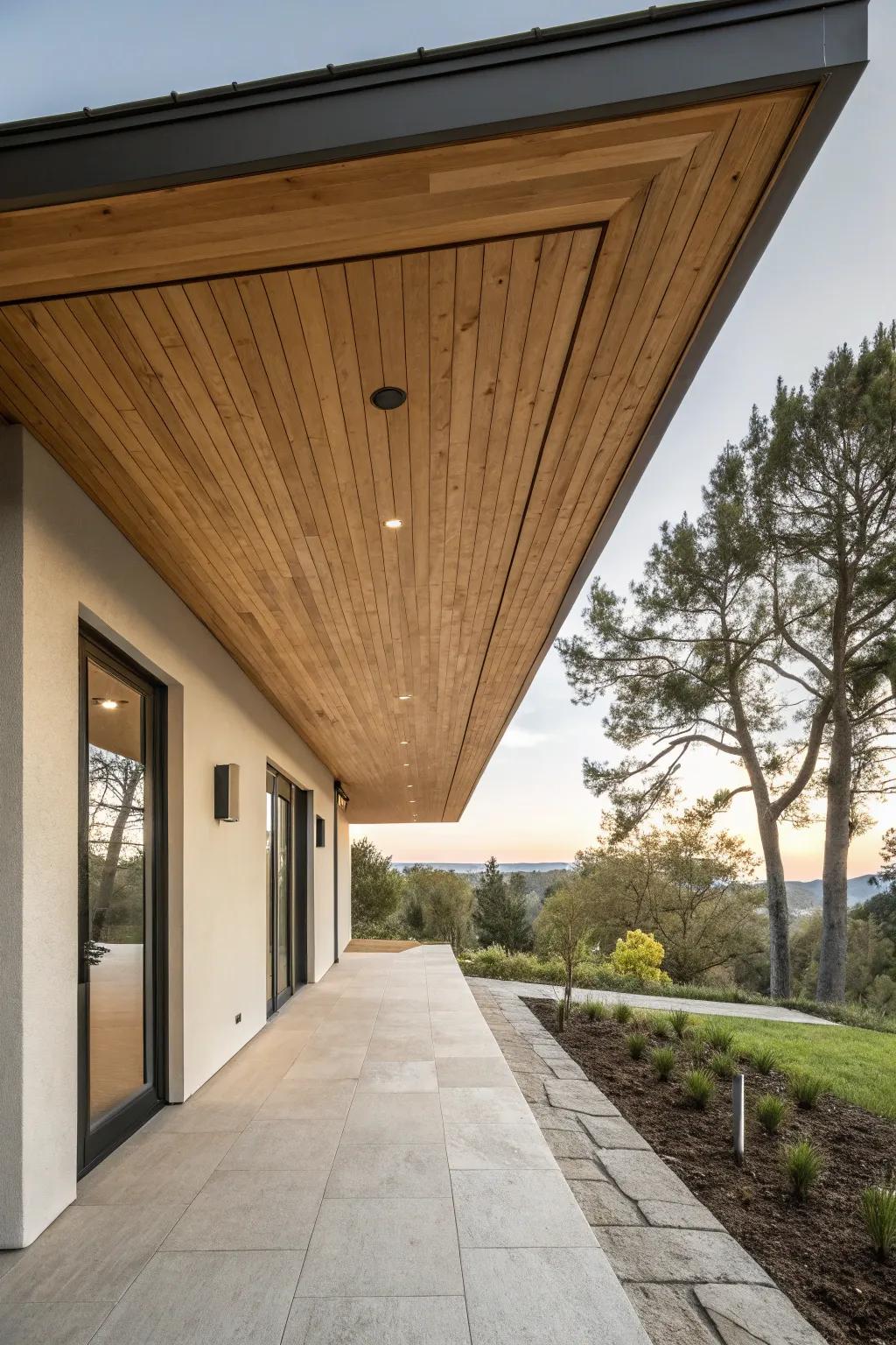 Elegant wood soffits harmonize beautifully with minimalist design.