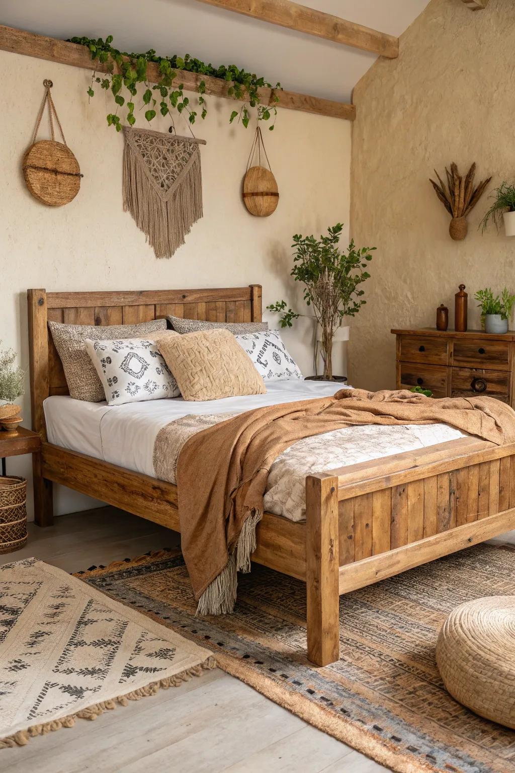 A country-style wood bed lending warmth to any setting.