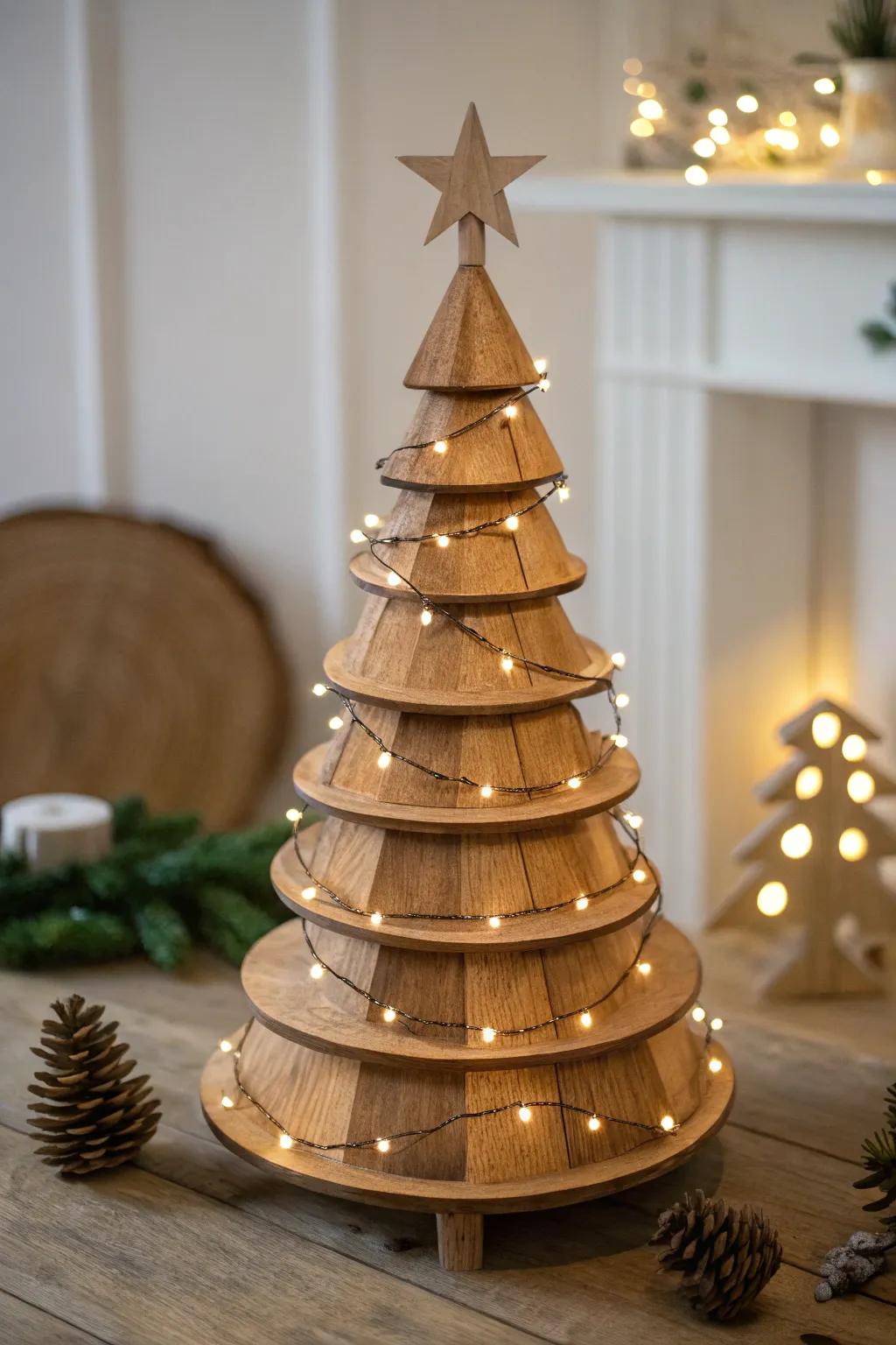 A refined tiered wood tree that introduces richness and scale.