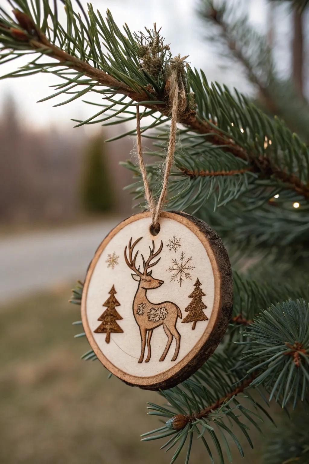 An earthy reindeer outline etched into a wooden disk ornament.