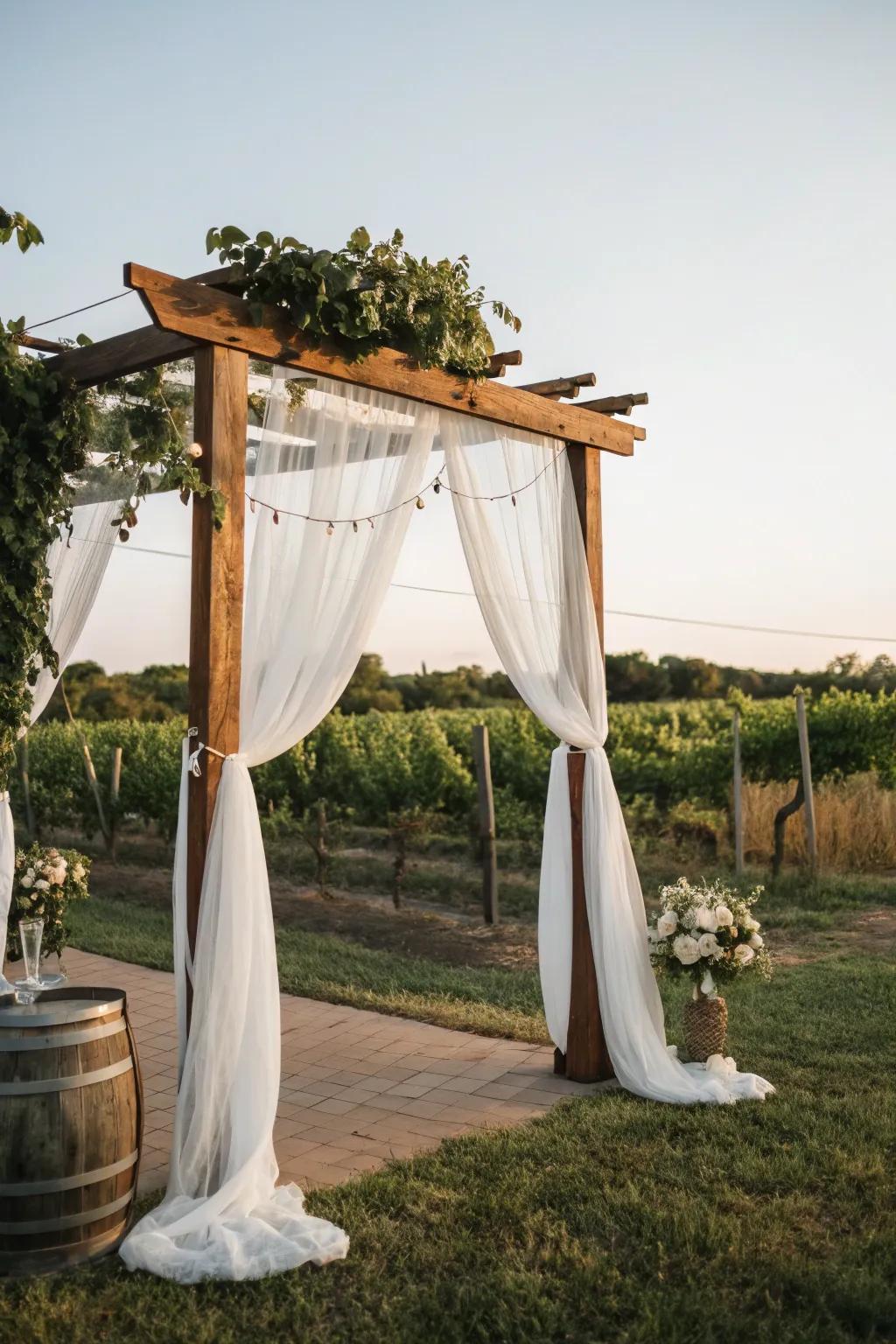 Romantic drapes on a timber arch create an enchanting atmosphere.