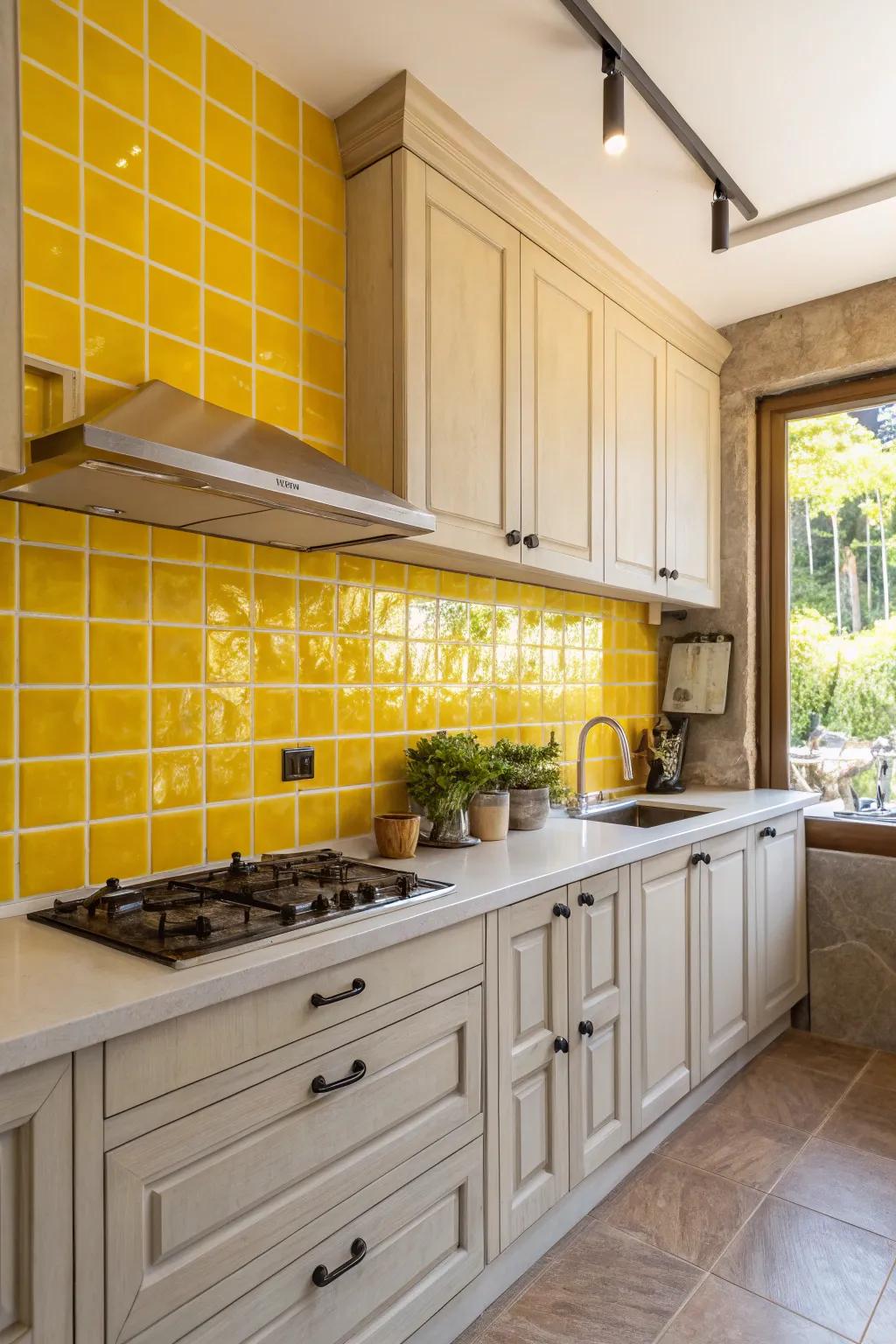 A bold yellow backsplash adds a vibrant touch.