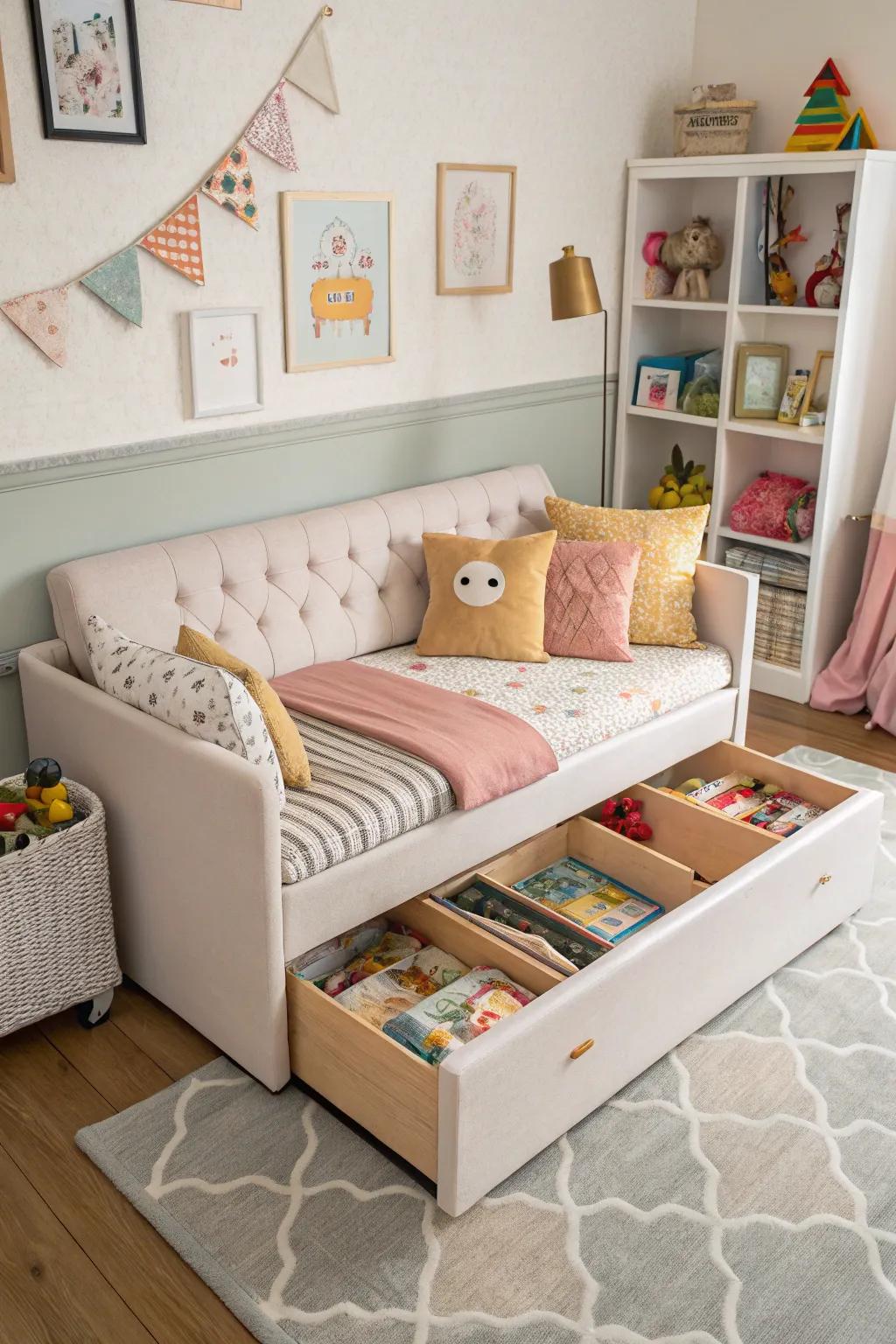 Convertible seating offers storage solutions and maximizes space.