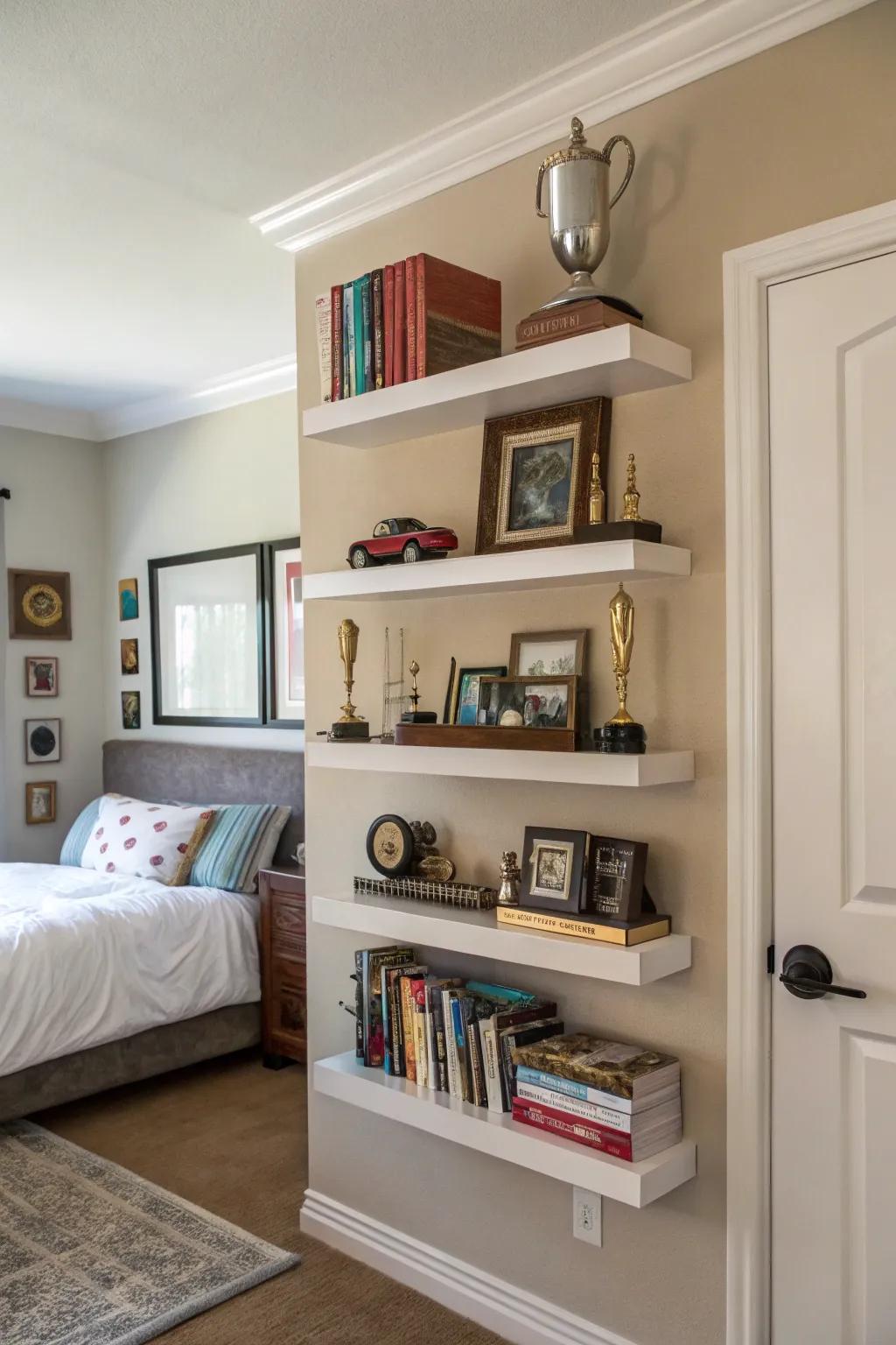 Floating shelves display her personality and achievements in an organized manner.