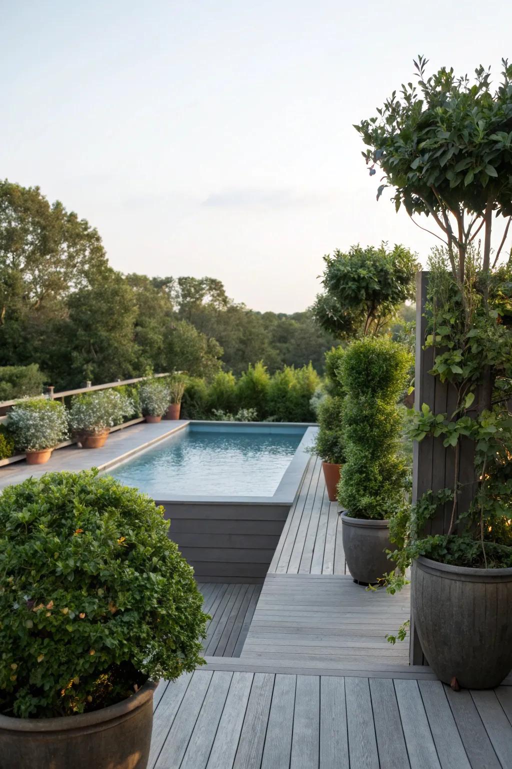 Raised planters provide privacy and a touch of seclusion.