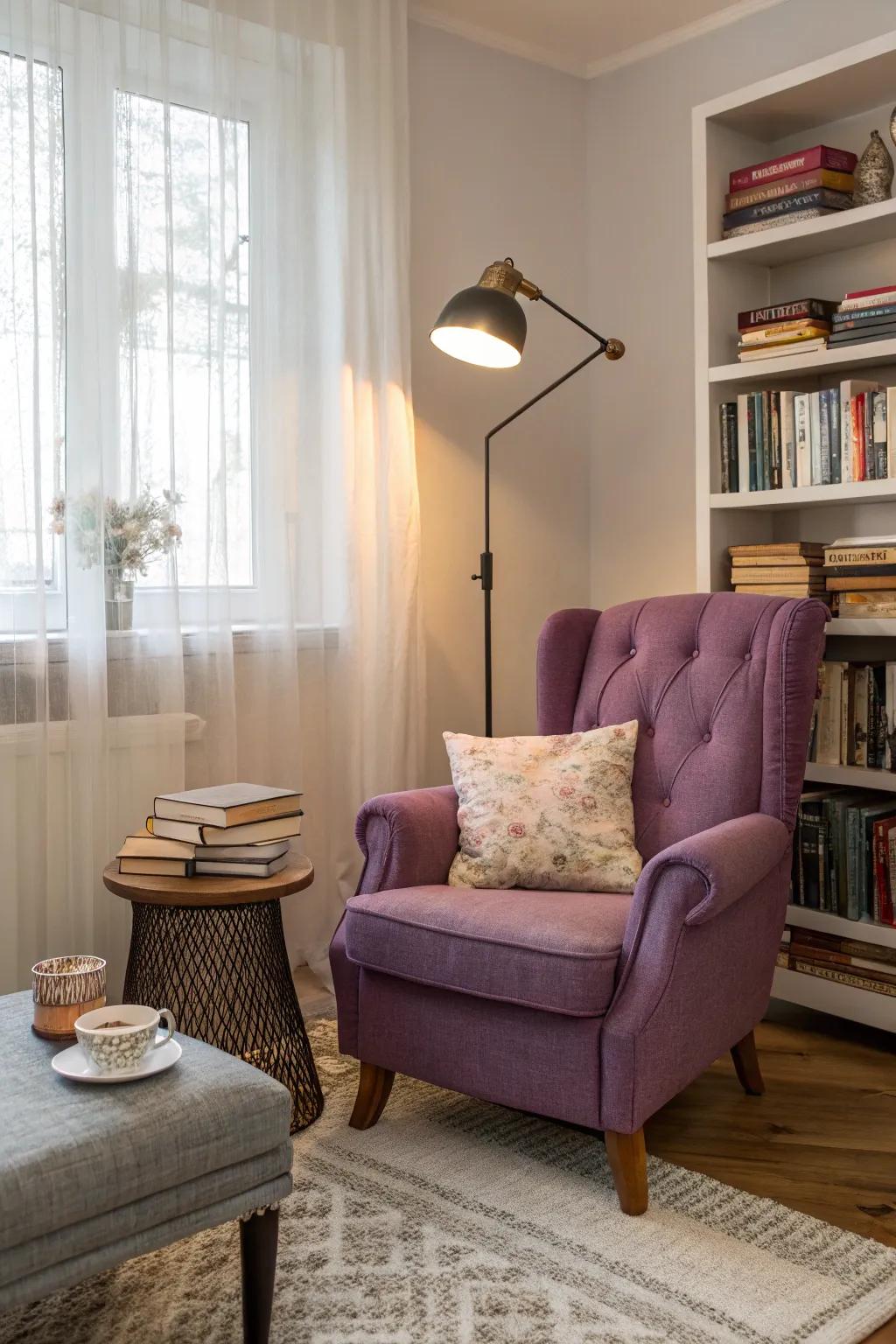 Create a serene escape with a purple reading nook.