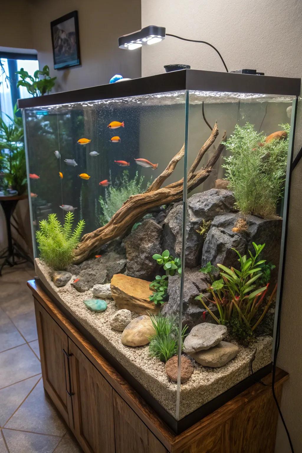 An interactive rockscape entices personalization within this aquascape.