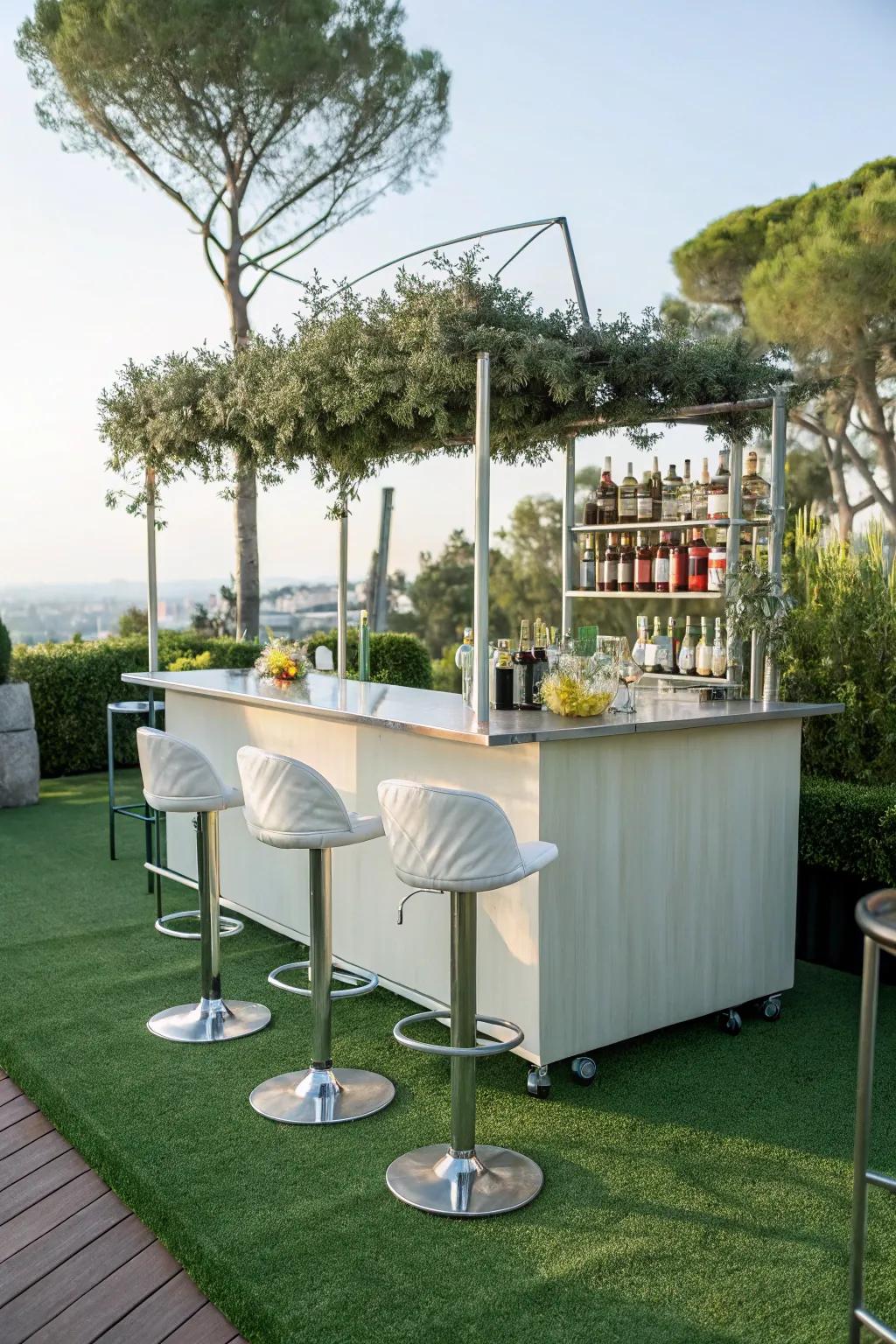A chic exterior bar on rich synthetic turf.