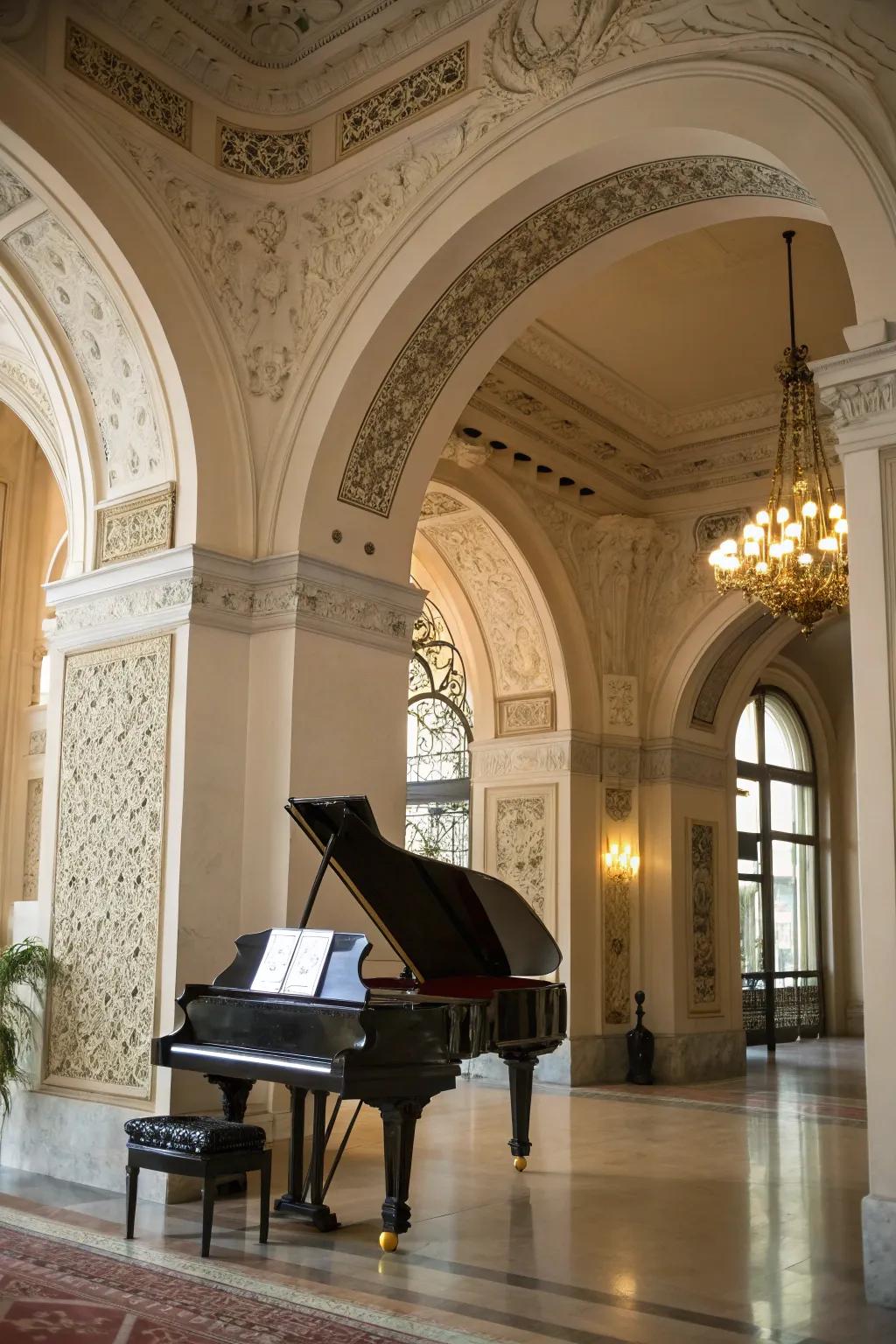 Architectural characteristics beautifully enrich the piano's setting.
