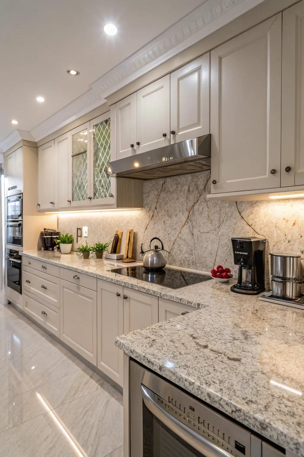 Matching granite establishes a seamless and unified kitchen design.