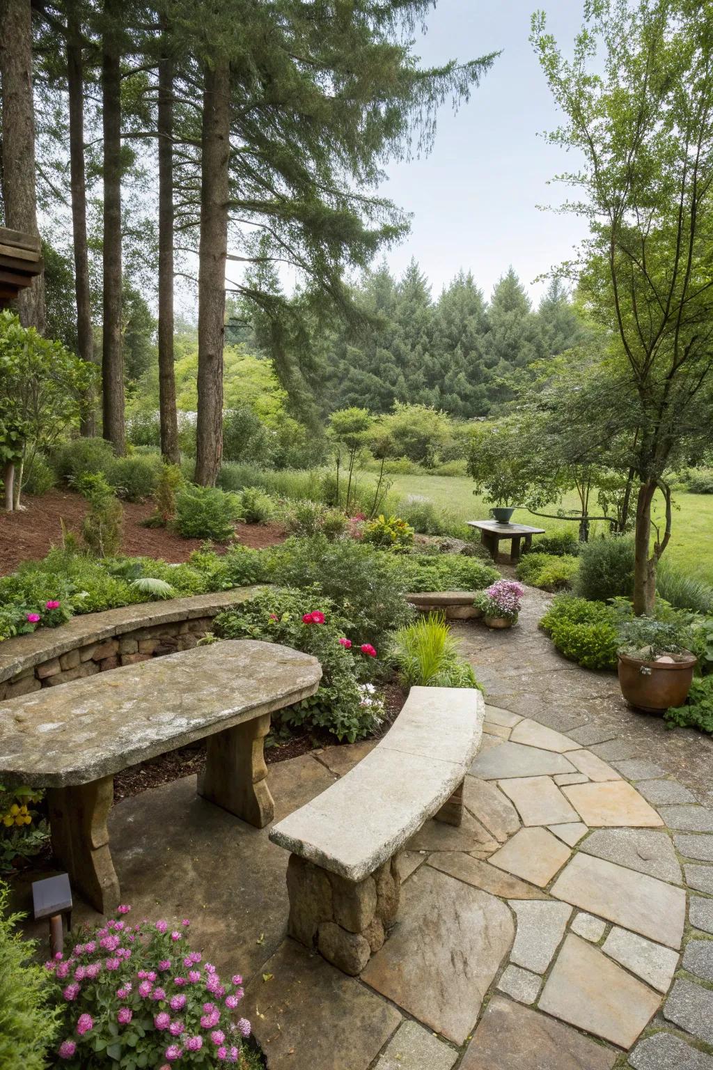 Natural stone sitting blends with the outdoor environment.