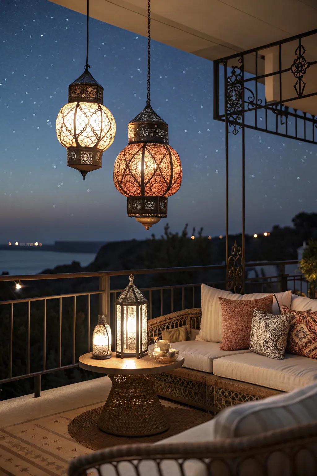 Suspended lights create a cozy and inviting atmosphere.