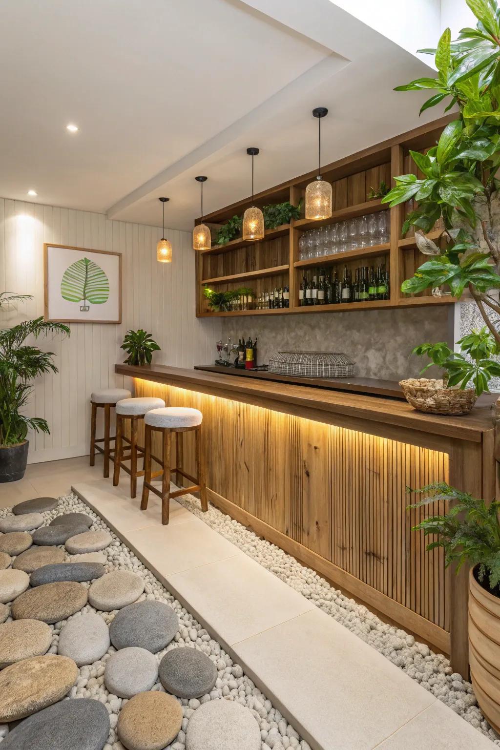 Zen space provides tranquility and balance through natural elements.