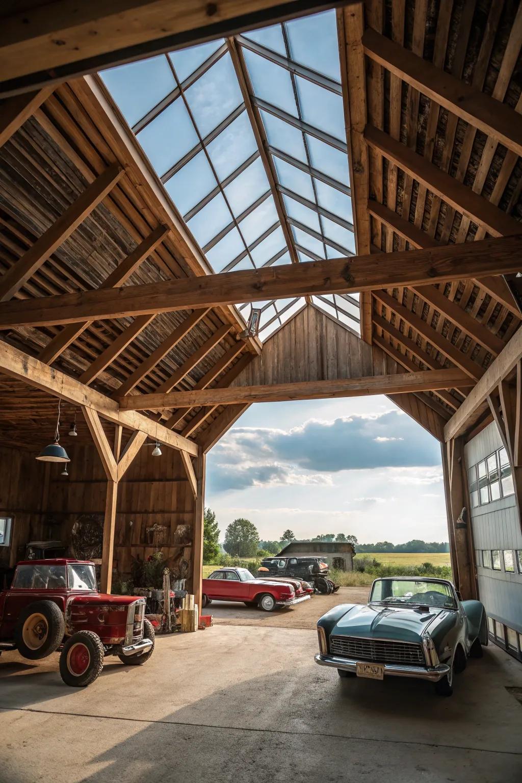 A skylight enhances natural illumination and openness within this barn garage.