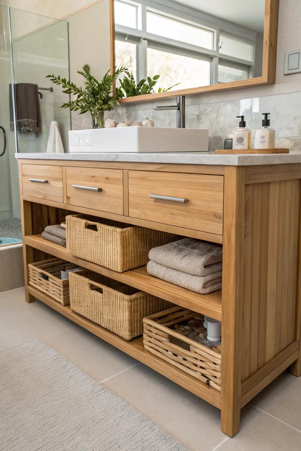 Sustainable bamboo storage solutions add a touch of nature.