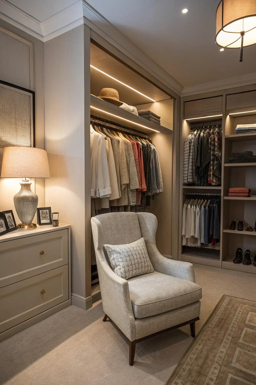 A seating area enhances comfort and adds to the closet experience.
