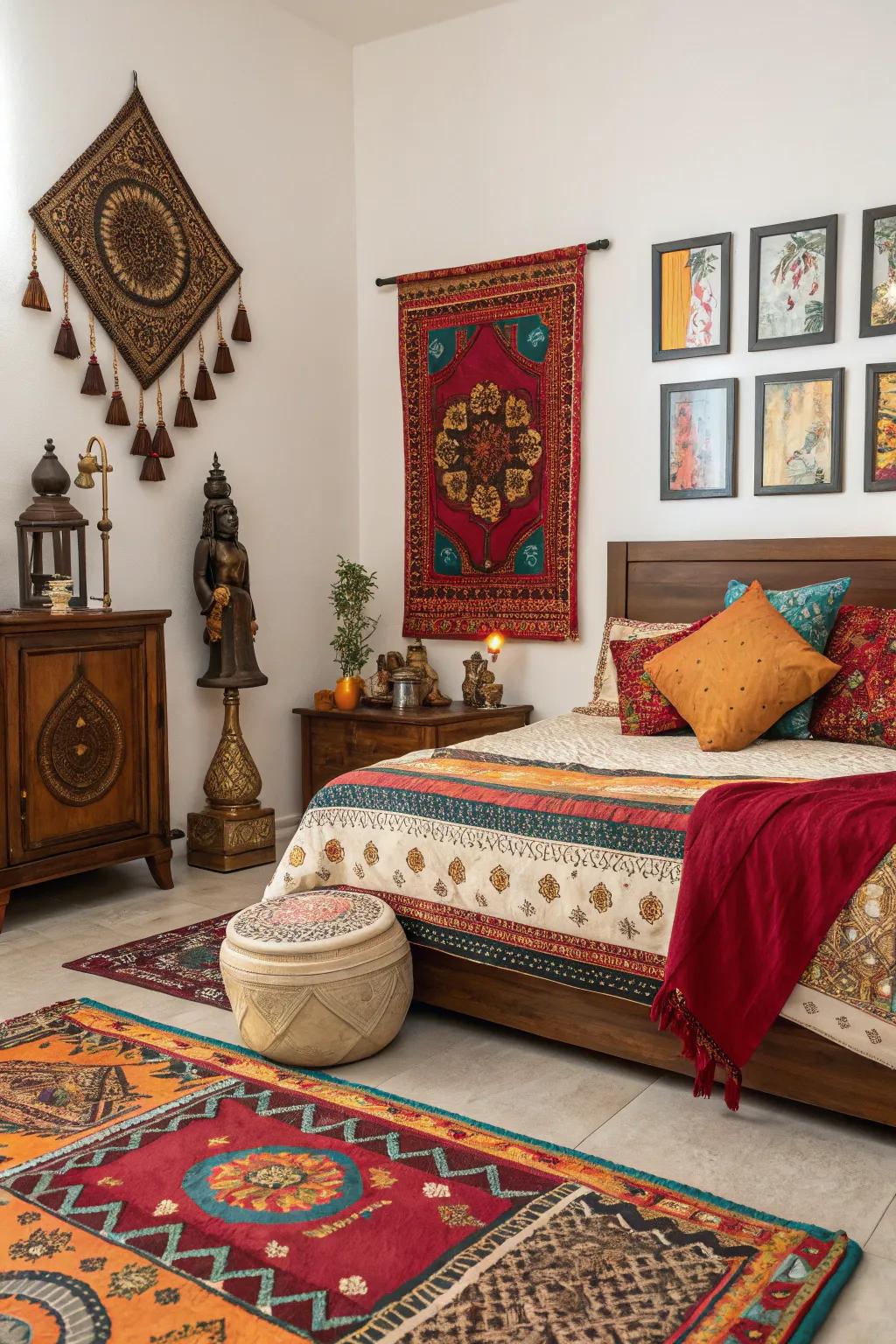 The bedroom decor gains character and depth through cultural influences.