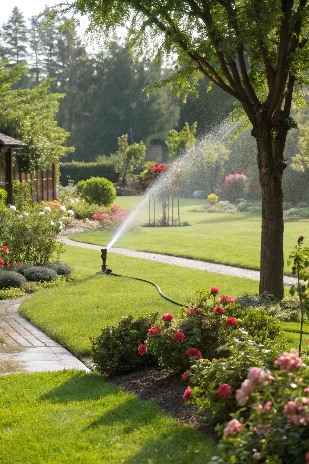 A system ensures a healthy, lawn by adapting to the weather, optimizing water use.