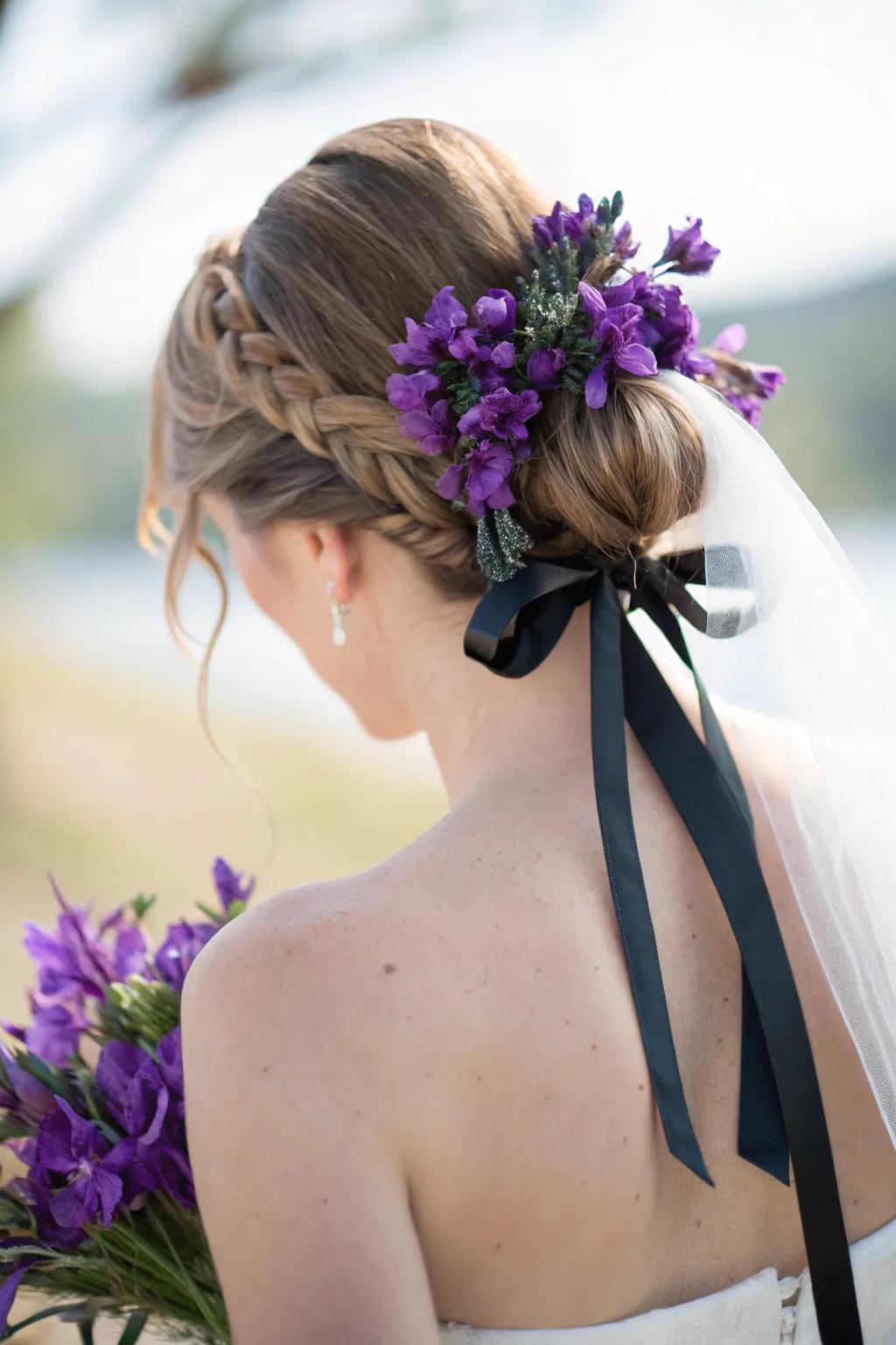 Stylish bridal hair featuring violet flora and ebony ribbon.