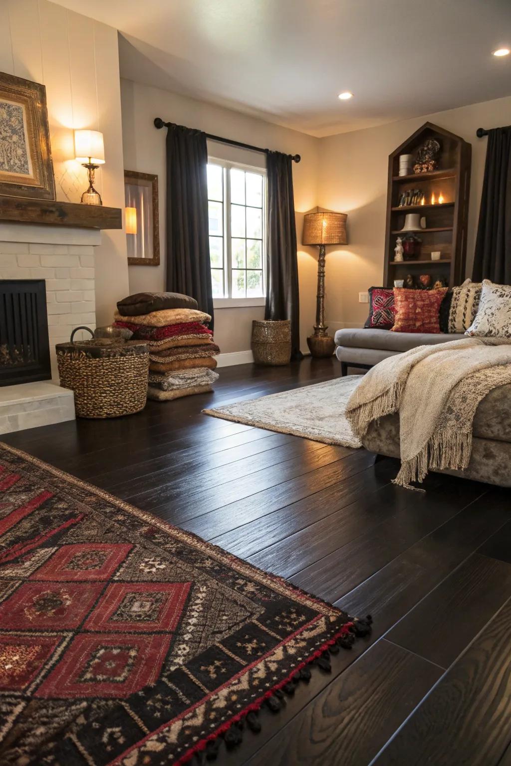 Textural layering with dark hardwood floors.