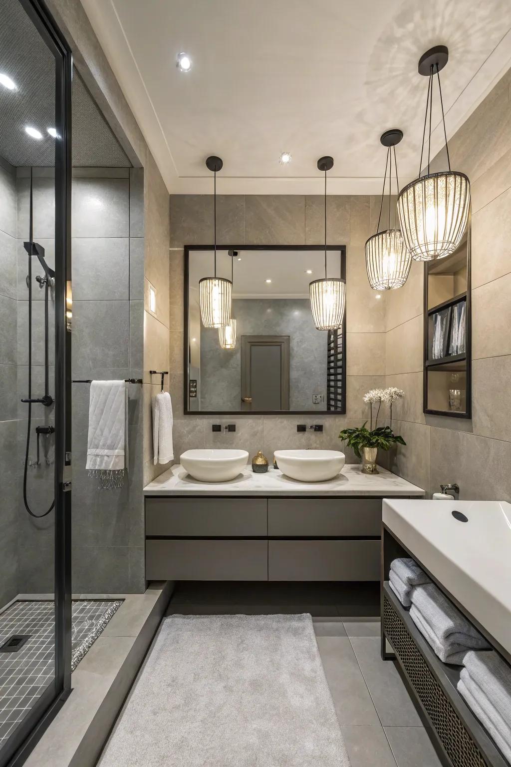 Contemporary light fixtures enhance the elegance of this bathroom.